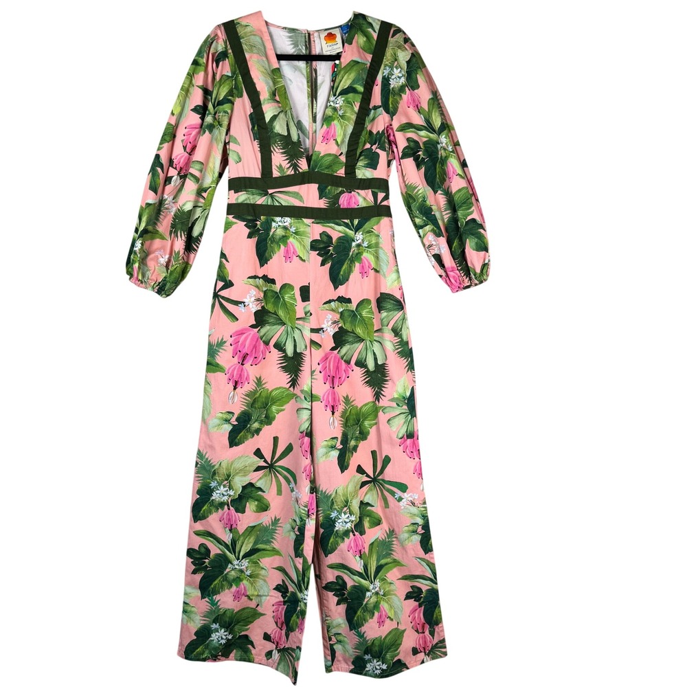 Farm Rio Anthropologie Banana Print Jumpsuit Pink Tropical Wide Leg Small